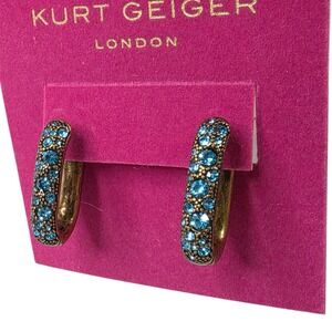 Kurt Geiger London Crystal Pave Oval Hoop Earrings Blue Antique Brass Glam NEW